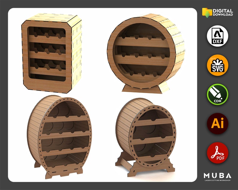 May include: Four different wooden wine rack designs. The racks are made of brown wood and have a rustic look. The racks are designed to hold wine bottles in a vertical position. The racks are all different shapes and sizes. The racks are perfect for storing wine bottles in a stylish and functional way.