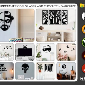 May include: A collage of 10 different laser cut designs, including a silhouette of Walter White from Breaking Bad, a panda, a skull, a Hello Kitty, a Snoopy, a French bulldog, a set of trees, and a set of birds. The designs are shown on a white background with a variety of props, such as plants, lamps, and furniture. The image also includes a digital download logo and file type icons, such as DXF, SVG, CDR, AI, and PDF.
