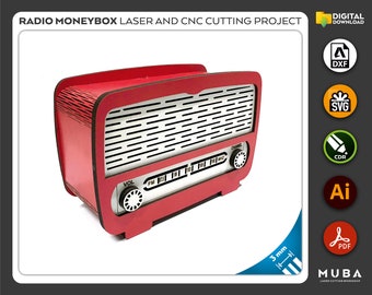 Radio Money Box, Wooden Box Piggy Banks, Archivo cortado por láser, Archivos cortados CNC, dxf, svg, cdr, ai, pdf, Plantillas vectoriales, Proyecto láser, laser svg