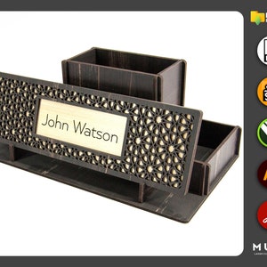 Pen Holder with Nameplate, Office Product, Co-Worker Gift,  Glowforge Cut, Laser cut files, dxf, svg, cdr, ai, pdf, Vector Templates