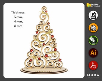 May include: A laser cut wooden Christmas tree with a swirling design and red stars. The tree is 3, 4, or 6 mm thick.