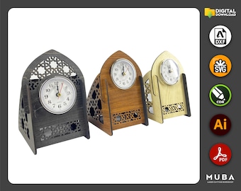 3 modelos de reloj de escritorio, producto de oficina, regalo de compañero de trabajo, archivo cortado con láser, archivos CNC, dxf, svg, cdr, ai, pdf, plantillas vectoriales, proyecto láser