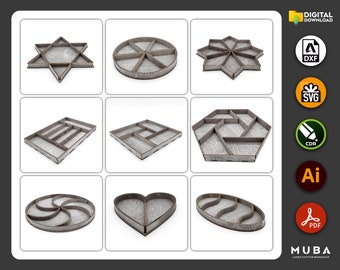 9 Bandeja de servir de madeira, arquivos Svg, arquivo de corte a laser, modelo de bandeja de madeira, bandeja decorativa, Svg, Dxf, Pdf, Ai, corte CNC, arquivo de corte Glowforge