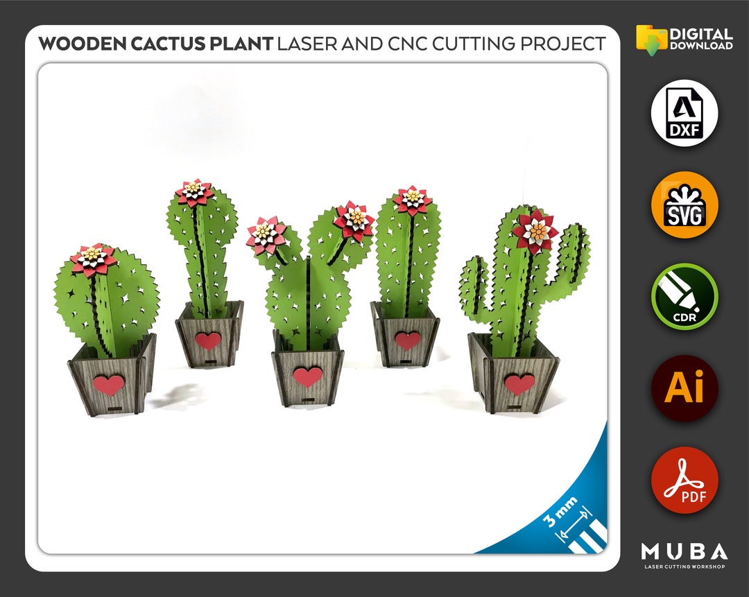 Wooden Cactus Plant, Cactus Model, Laser Cut File, CNC Files, Dxf, Svg ...