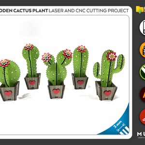 May include: Five wooden cactus plants in pots with red hearts. The cactus plants are green and have red flowers. The pots are brown and have a wood grain texture. The image includes the text "3 mm".