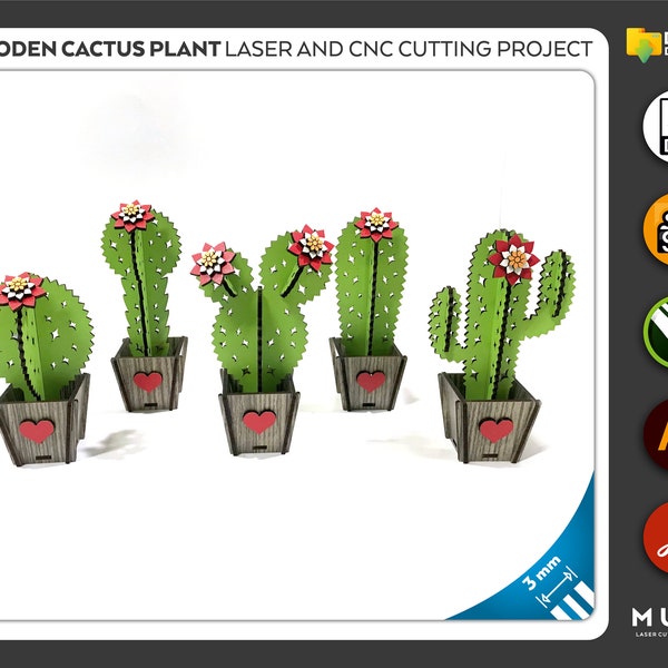 Wooden Cactus Plant, Cactus Model, Laser cut file, CNC files, dxf, svg, cdr, ai, pdf, Vector Templates, Laser Project, laser svg, laser dxf