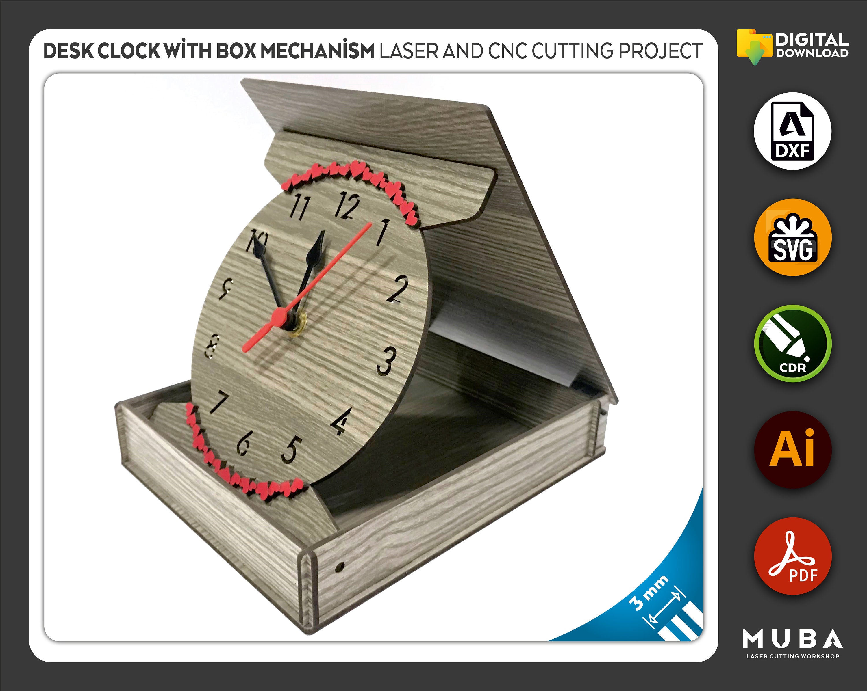 Wooden Desk Clock With Mechanism Box, Laser Cut File, CNC Files, Dxf ...