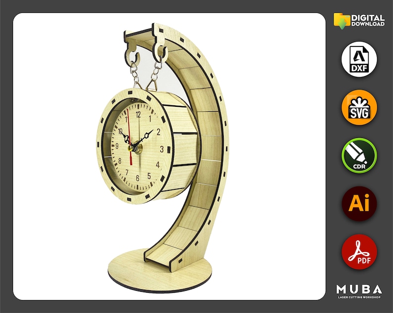 May include: A wooden clock with a round face and a hanging design. The clock is mounted on a curved wooden stand. The clock face has black Roman numeral markings and a red second hand.