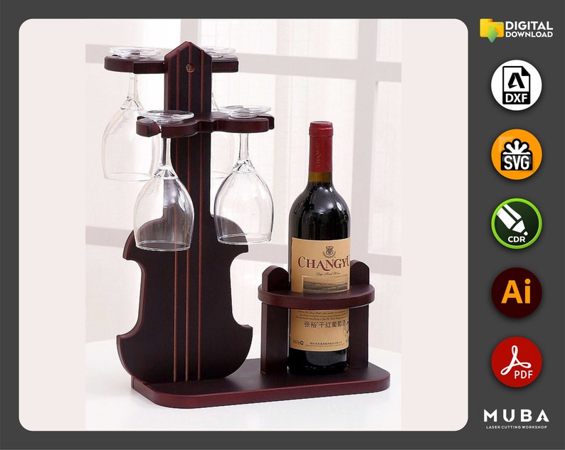 May include: A wooden wine rack shaped like a violin with a bottle of red wine and four wine glasses. The rack is dark brown and has a decorative design on the front. The wine bottle has a label with Chinese characters and the word "Changyu".