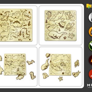 May include: Four wooden jigsaw puzzles with laser-cut designs. Two puzzles feature dinosaurs, and the other two depict sea creatures. The puzzles are made of light-colored wood and are displayed on a white background. The image includes digital download icons.