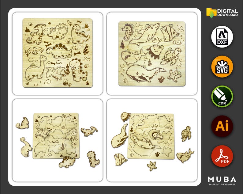 May include: Four wooden jigsaw puzzles with laser-cut designs. Two puzzles feature dinosaurs, and the other two depict sea creatures. The puzzles are made of light-colored wood and are displayed on a white background. The image includes digital download icons.