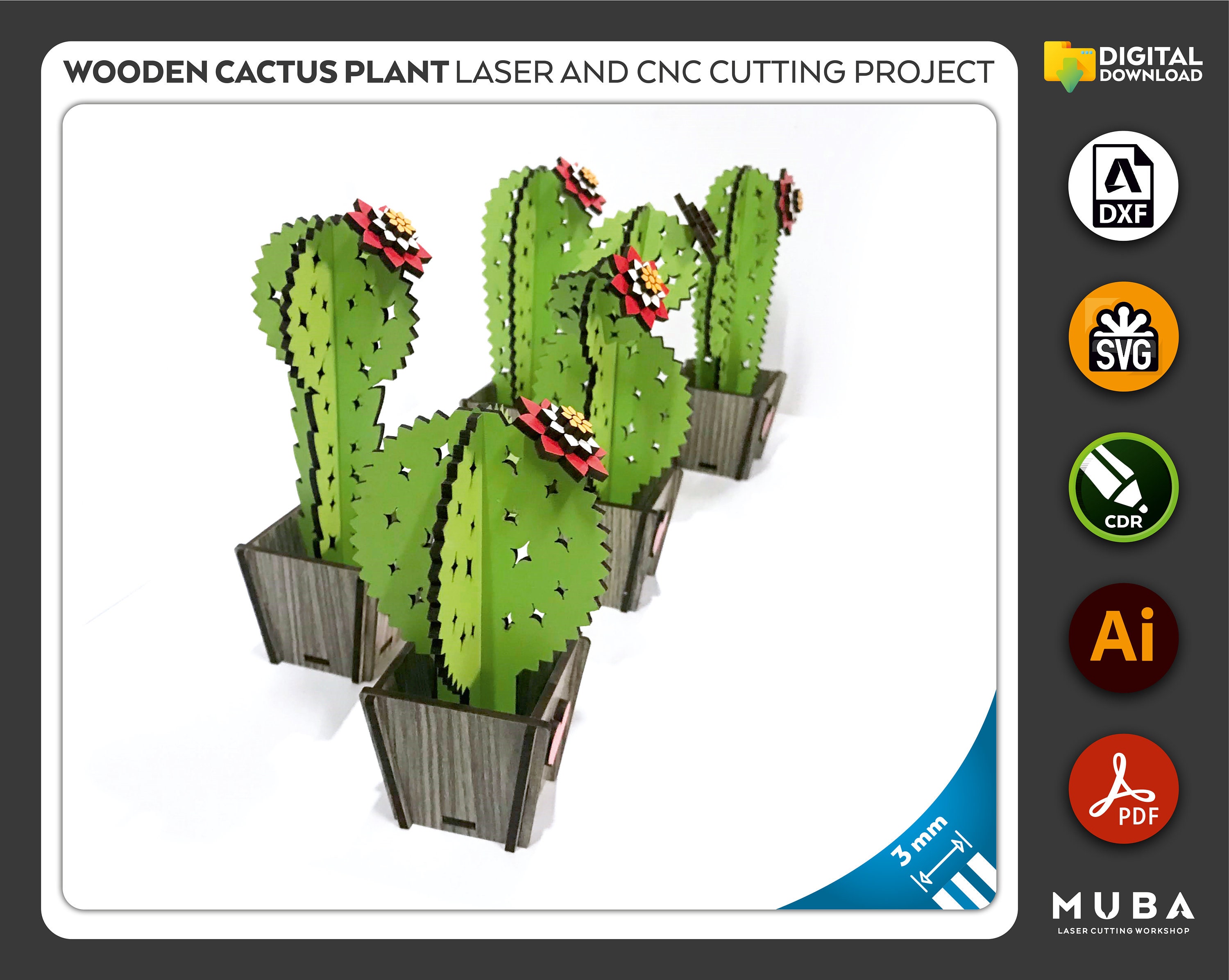 Wooden Cactus Plant, Cactus Model, Laser Cut File, CNC Files, Dxf, Svg ...