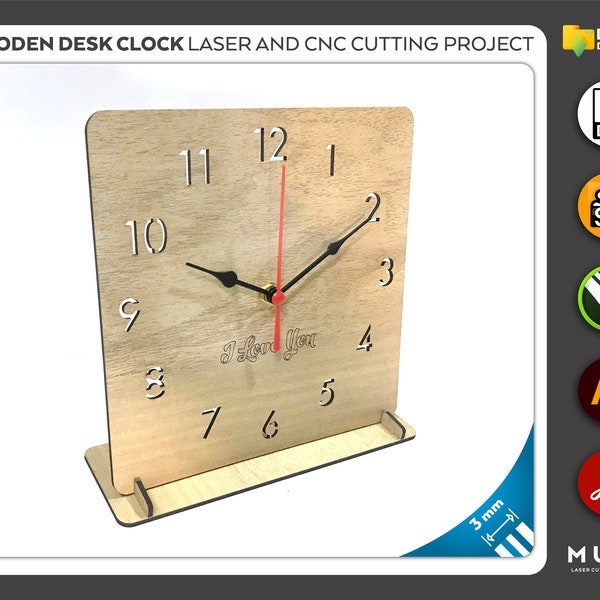 Wooden Desk Clock, Office Product, Co-Worker Gift, Laser cut file, CNC files, dxf, svg, cdr, ai, pdf, Vector Templates, Laser Project