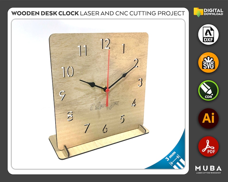 Drewniany zegar na biurko, produkt biurowy, prezent dla współpracownika, plik wycinany laserowo, pliki CNC, DXF, SVG, CDR, AI, PDF, szablony wektorowe, projekt laserowy zdjęcie 1