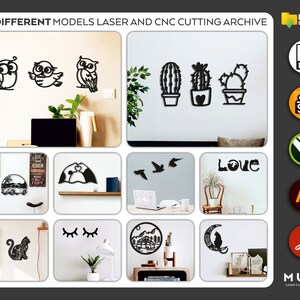 May include: A digital download of 10 different laser and CNC cutting designs. The designs include owls, cacti, a car, a cat, a heart, a love sign, eyes, a mountain scene, and a crescent moon with a cat. The designs are in black and white and are suitable for use with a laser cutter or CNC machine.