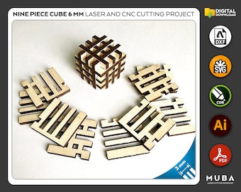 Wooden Puzzle Cube, 3D Puzzle, Cube svg, Puzzle dxf, 6 mm, glowforge, CNC files, dxf, cdr, ai, pdf, Laser Cut File, Vector Templates