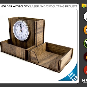Pen Holder with Clock, Office Product, Co-Worker Gift, Laser cut file, CNC files, dxf, svg, cdr, pdf, Vector Templates, Laser Project