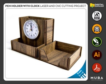 Pen Holder with Clock, Office Product, Co-Worker Gift, Laser cut file, CNC files, dxf, svg, cdr, pdf, Vector Templates, Laser Project