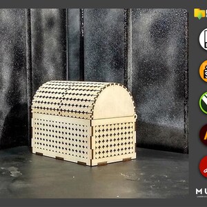 May include: A wooden treasure chest with a decorative pattern on the lid and sides. The chest is made of plywood and has a hinged lid.