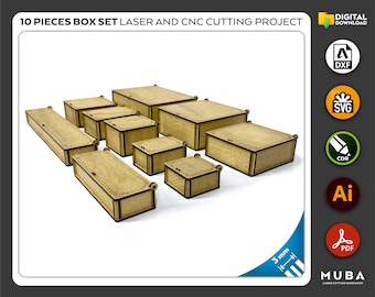 10 Stück Größen Box Set, Schmuckkästchen SVG, Geschenkbox SVG, Laserschnittdatei, CNC-Dateien, dxf, svg, cdr, ai, pdf, Vektorvorlagen, Laserprojekt