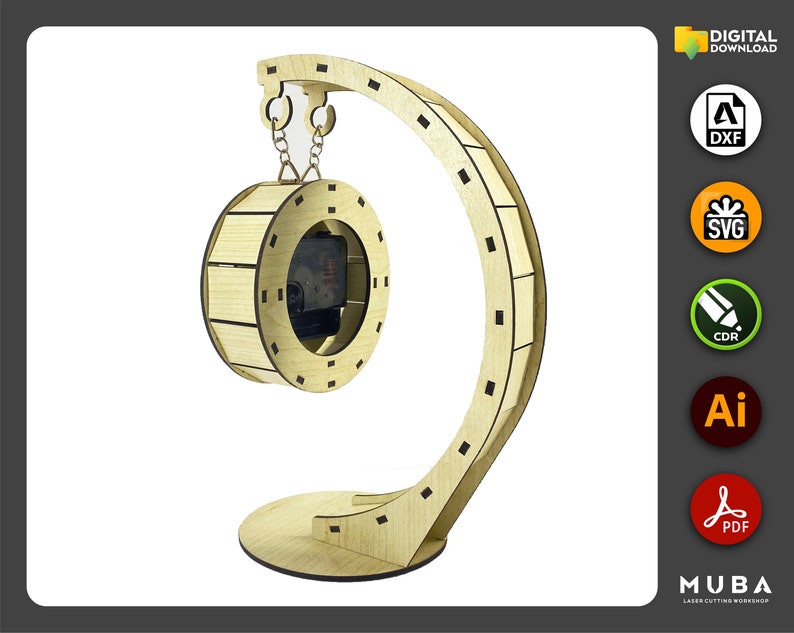 May include: A wooden clock kit with a circular clock face and a curved stand. The clock face is made of wood and has a cutout for the clock mechanism. The stand is made of wood and has a curved shape. The clock kit is designed to be assembled and decorated.