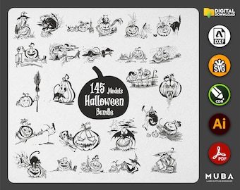 Paquete SVG de 145 piezas, imágenes prediseñadas de HALLOWEEN, archivos de corte SVG de Halloween para Cricut, archivos de corte de Halloween, corte Glowforge, dxf svg cdr ai pdf