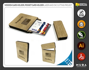 Pocket kaarthouder, houten kaarthouder, Lasergesneden bestand, CNC-bestanden, DXF, SVG, CDR, AI, PDF, vectorsjablonen, laserproject, laser SVG