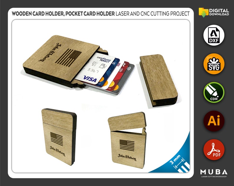 Pocket Card Holder, Wooden Card Holder, Laser cut file, CNC files, dxf, svg, cdr, ai, pdf, Vector Templates, Laser Project, laser svg image 1