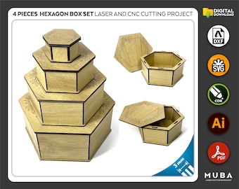 Juego de cajas hexagonales de tamaño de 4 piezas, caja de joyería svg, caja de regalo svg, archivo cortado con láser, archivos CNC, dxf, svg, cdr, ai, pdf, plantillas vectoriales, caja láser