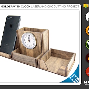 May include: A wooden desk organiser with a clock, a phone holder, and a pen holder. The organiser is made of wood with a brown finish. The clock is white with black numbers and hands. The phone holder is a simple slot for a phone. The pen holder is a small compartment for pens or pencils. The organiser is 3 mm thick.