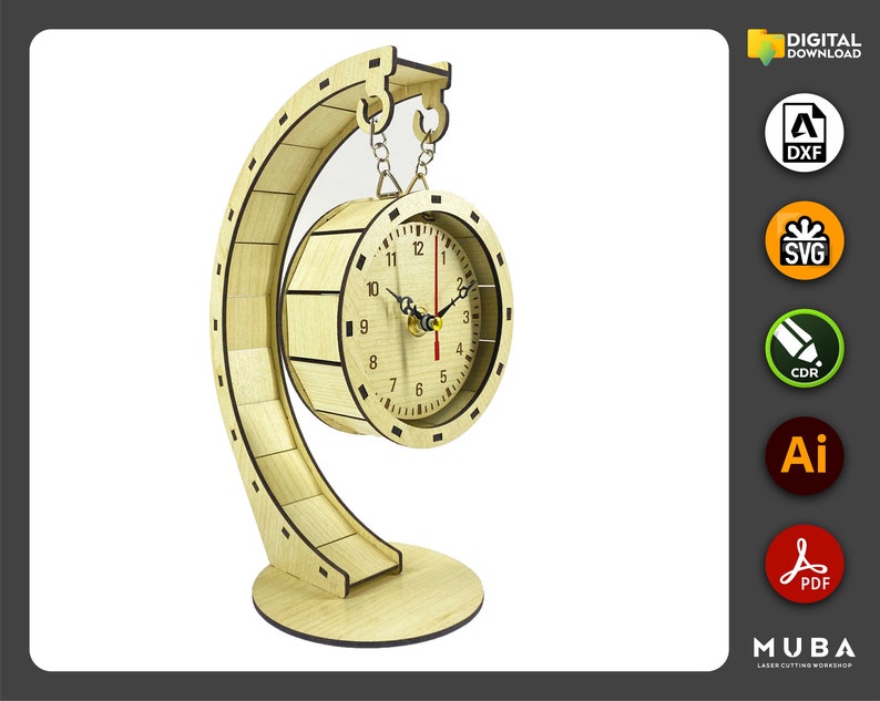 May include: A wooden clock with a round face and black numbers. The clock is hanging from a chain and is attached to a wooden stand. The stand is shaped like a film reel.
