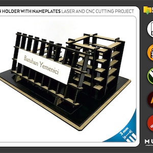 Pen Holder with Nameplate, Office Product, Co-Worker Gift, Laser cut file, CNC files, dxf, svg, cdr, ai, pdf, Vector Templates, Laser Projec