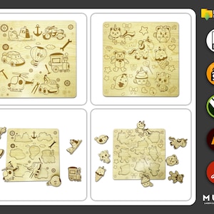 May include: Four wooden jigsaw puzzles with laser-cut designs. One puzzle features vehicles like a car, helicopter, and train. Another has cute animal shapes. The third puzzle has shapes and vehicles. The fourth puzzle has animal shapes.