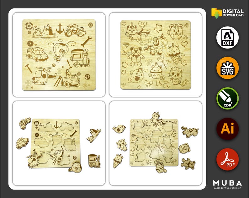 May include: Four wooden jigsaw puzzles with laser-cut designs. One puzzle features vehicles like a car, helicopter, and train. Another has cute animal shapes. The third puzzle has shapes and vehicles. The fourth puzzle has animal shapes.