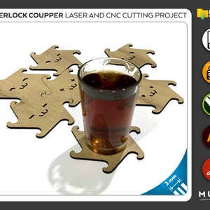 Pode incluir: Um conjunto de seis  copos de madeira que se entrelaçam com um design decorativo. Os copos estão dispostos em um padrão circular com um copo de chá no topo. Os copos têm 3 mm de espessura.
