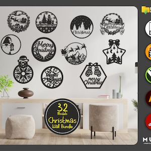 32 個のクリスマス オーナメント SVG、クリスマス ウォール デコレーション、レーザー カット ボーブル SVG バンドル、クリスマス ギフト セット、dxf svg cdr ai pdf ベクター