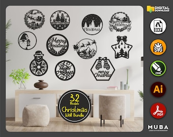 32 pcs Christmas Ornament SVG, Christmas Wall Decorations, Laser Cut Bauble SVG Bundle, Christmas Gift Set, dxf svg cdr ai pdf Vector