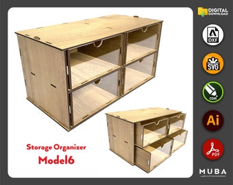 May include: A wooden storage organizer with six clear drawers. The organizer is made of light brown wood and has a simple, modern design. The drawers are labeled "Storage Organizer Model 6".