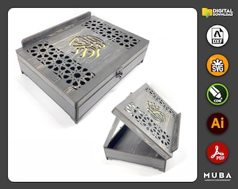 Suporte para caixa de Alcorão com corte a laser, suporte para Alcorão, Alcorão Kerim, suporte para livros, Svg islâmico, Dxf, PDF, Ai, arquivo cortado a laser, corte Glowforge, modelos vetoriais