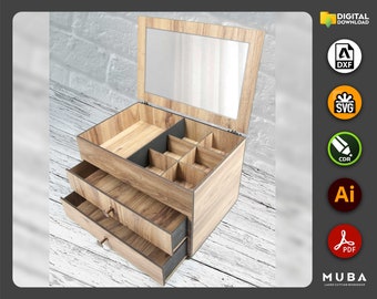 Schmuckschatulle aus Holz, Schmuck-Organizer, Make-up-Box, Andenken-Box, SVG, Dxf, Pdf, Ai, Laser-cut-Datei, Glowforge Cut, Vektor-Vorlagen