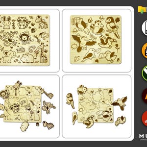 May include: Four wooden jigsaw puzzles with animal and bird designs. Each puzzle is laser-cut with detailed animal and bird shapes, including a lion, giraffe, and birds. The puzzles are displayed on a white background, showcasing the natural wood color.