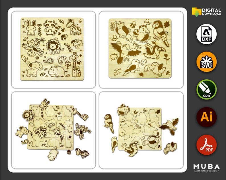 May include: Four wooden jigsaw puzzles with animal and bird designs. Each puzzle is laser-cut with detailed animal and bird shapes, including a lion, giraffe, and birds. The puzzles are displayed on a white background, showcasing the natural wood color.
