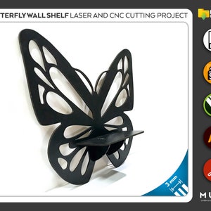 May include: Black butterfly wall shelf made from wood with a 3 mm thickness. The shelf is shaped like a butterfly with intricate cutouts. The shelf is designed for laser or CNC cutting.