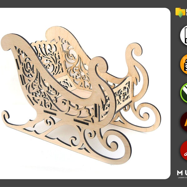 Noël père Noël traîneau SVG, décor de traîneau de Noël père Noël, fichier découpé au Laser, arbre de cadeau de Noël, dxf, svg, cdr, ai, pdf, coupe glowforge