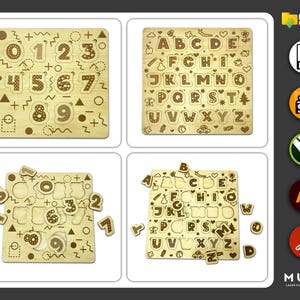 May include: Four wooden puzzles with laser-cut designs. Two puzzles feature numbers 0-9, and the other two display the alphabet. Each puzzle has removable pieces. The image also includes digital download icons for DXF, SVG, CDR, AI, and PDF files.