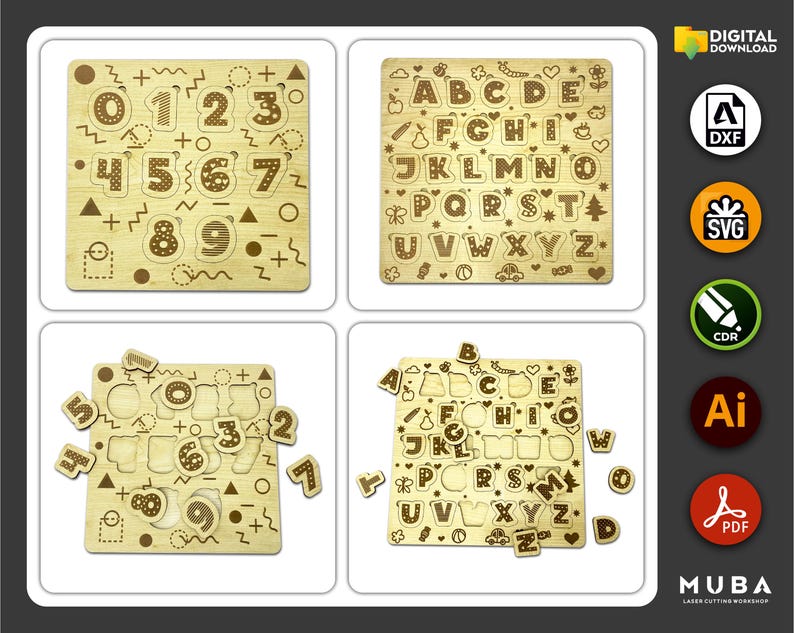 May include: Four wooden puzzles with laser-cut designs. Two puzzles feature numbers 0-9, and the other two display the alphabet. Each puzzle has removable pieces. The image also includes digital download icons for DXF, SVG, CDR, AI, and PDF files.