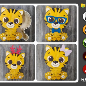 May include: Four digital cut files of a cute cartoon tiger in different poses. The tiger is yellow with black stripes and has big, round eyes. The tiger is wearing a bow, glasses, and antlers. The files are available in SVG, DXF, CDR, and AI formats.