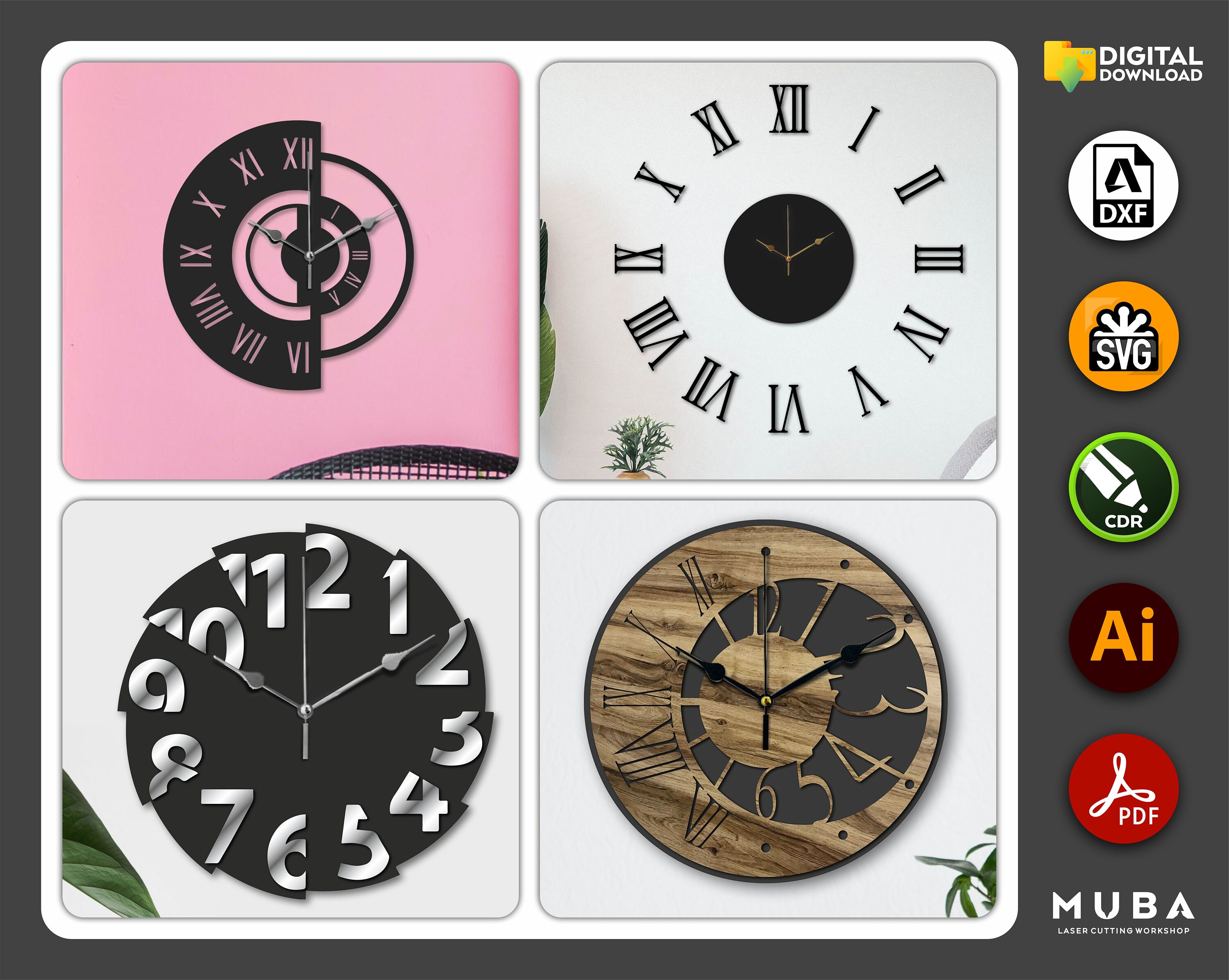 36 Wall Clock SVG Watch Models Wall Decor Clocks DXF Files - Etsy Canada