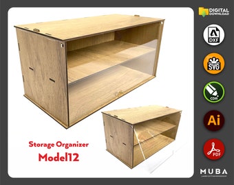 May include: A wooden storage organizer with a clear acrylic front and two shelves. The organizer is labeled "Storage Organizer Model 12".