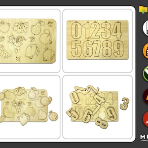 May include: Wooden puzzles featuring fruits and numbers. One puzzle displays various fruits like watermelon, grapes, and lemons. Another shows the numbers 0-9. The third puzzle has the numbers and fruit shapes removed. The last puzzle has the numbers removed. The text "DIGITAL DOWNLOAD" is visible.